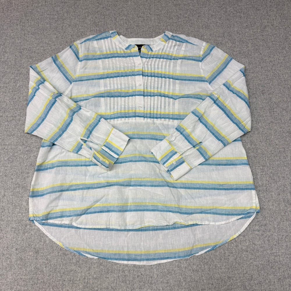 Lane Bryant Blouse Size 18/20 Blue Yellow Striped Pintuck Button Front Top